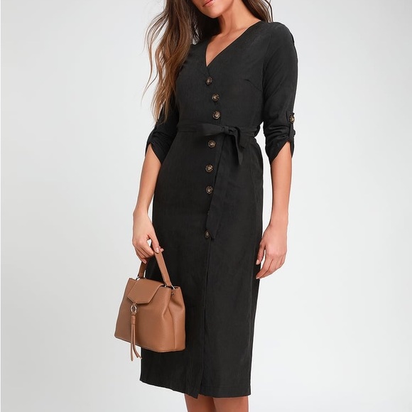 Pull Me Close Washed Black Suede Button-Up Midi Dress from Lulus - Picture 1 of 6
